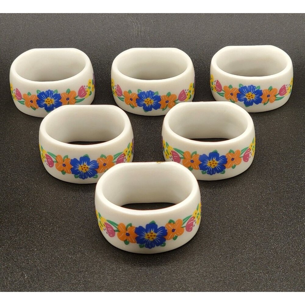 Floral Porcelain Napkin Rings Multi-Color Flowers Current Inc Set of 6